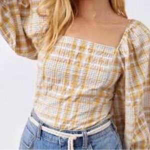 Anthropologie Maeve Top Square Neck Puff Sleeves M Cropped Smocked Yellow Plaid